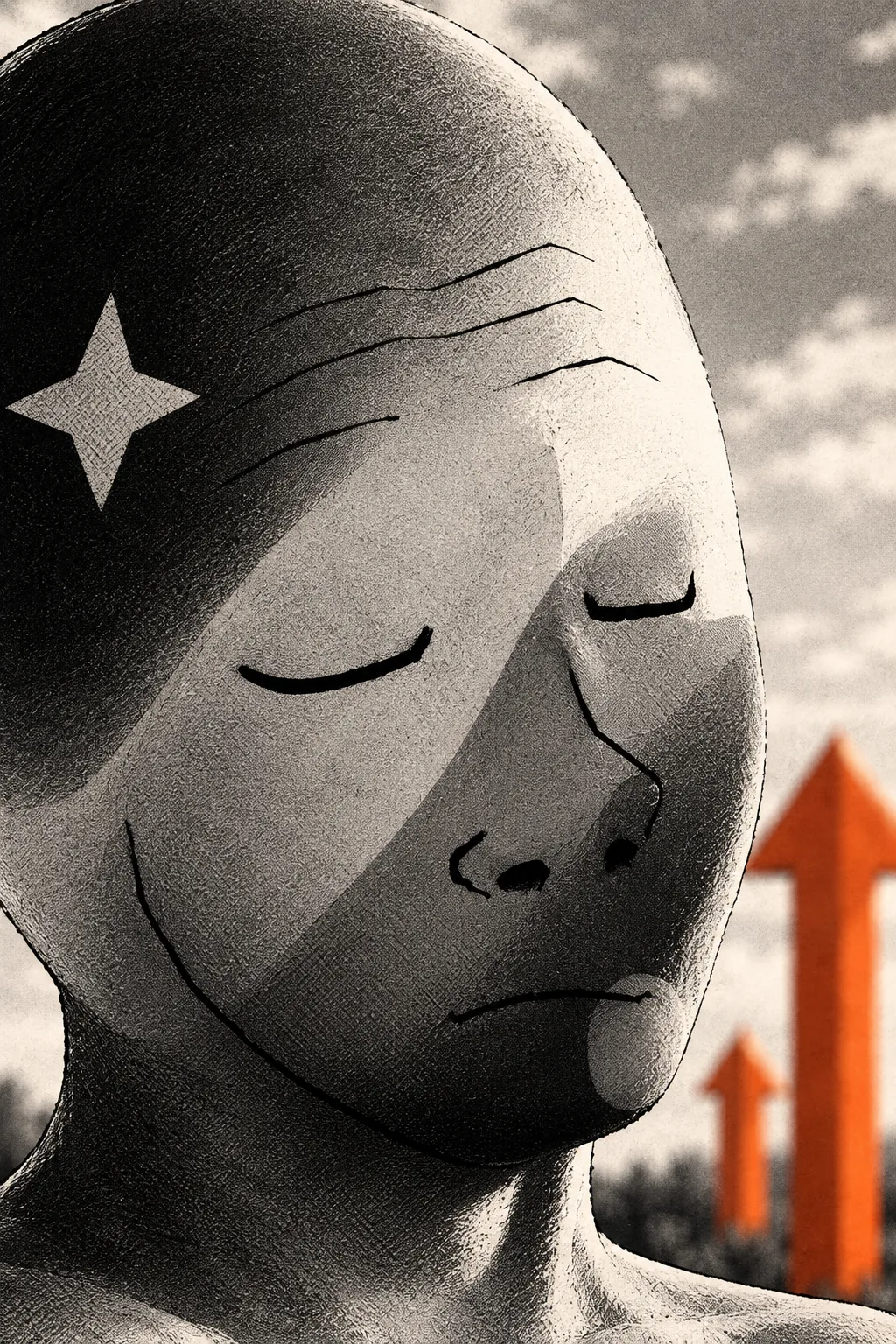 Close-up of Starkojak's face, eyes shut, a four-pointed star on the head and two orange arrows behind.