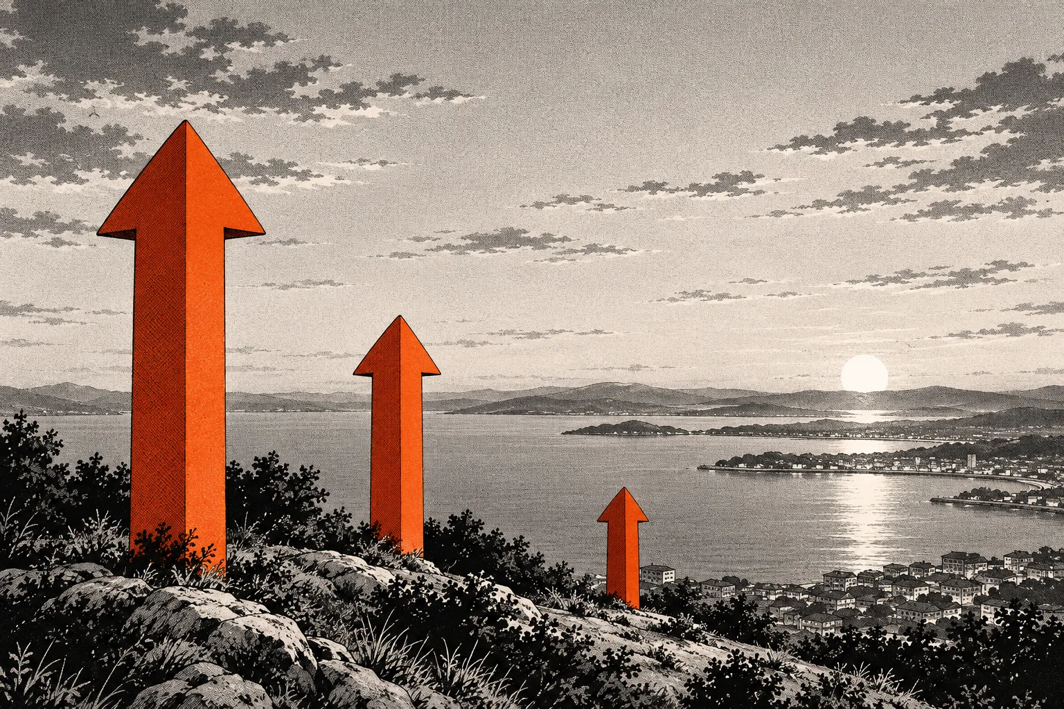 A hillside above a wide bay at sunset, three tall orange arrows standing in the brush.