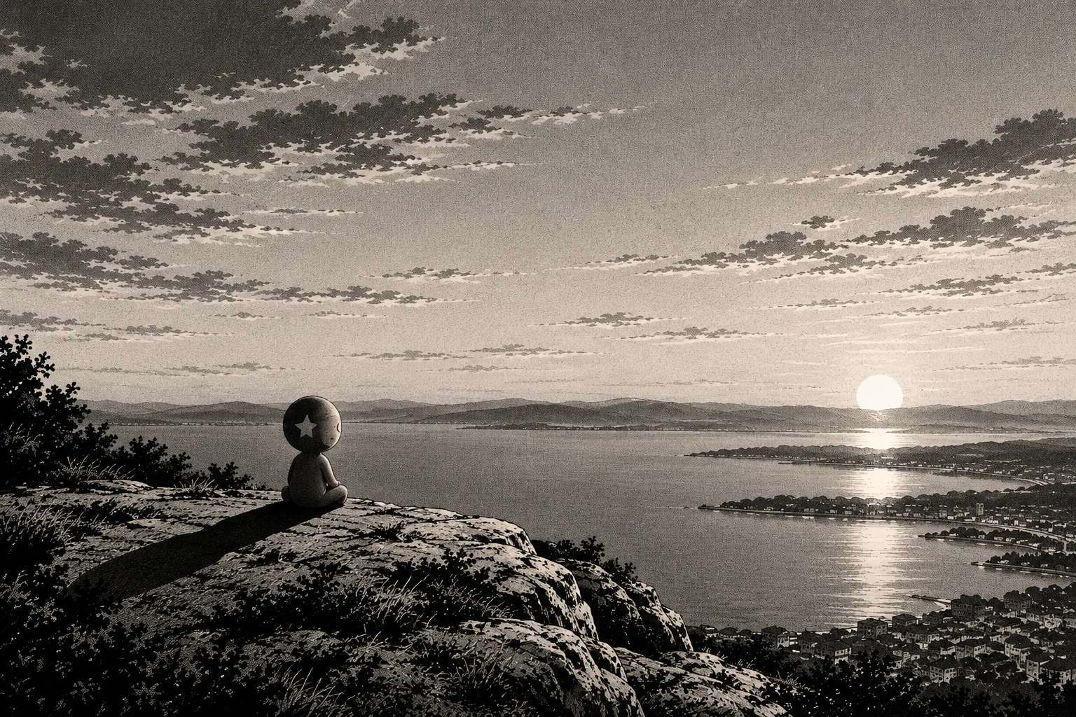 Starkojak, small and seen from behind, sitting on a rock ledge above the bay as the sun sets.