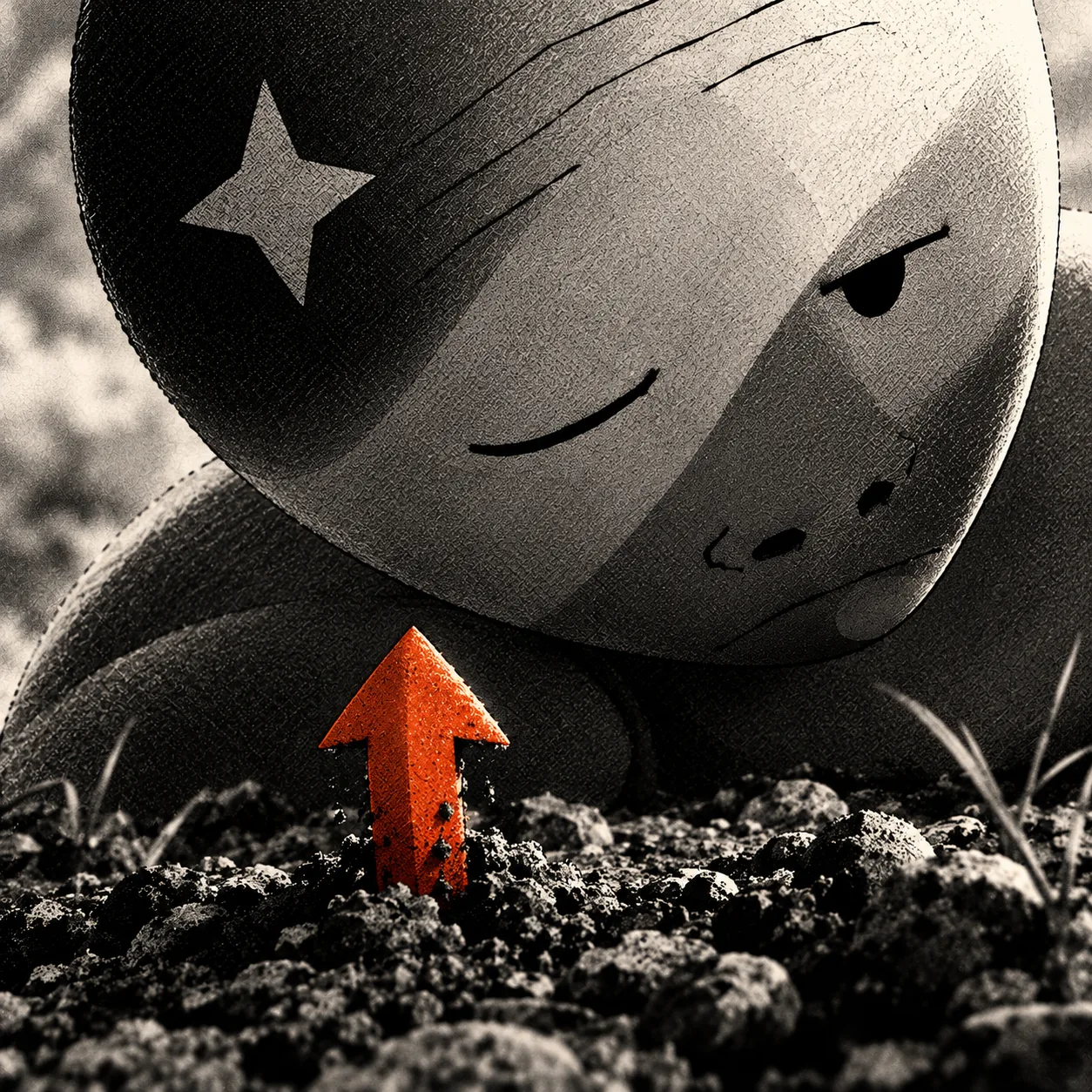 Starkojak lying low, one eye half open, watching a tiny orange arrow push up through the soil.