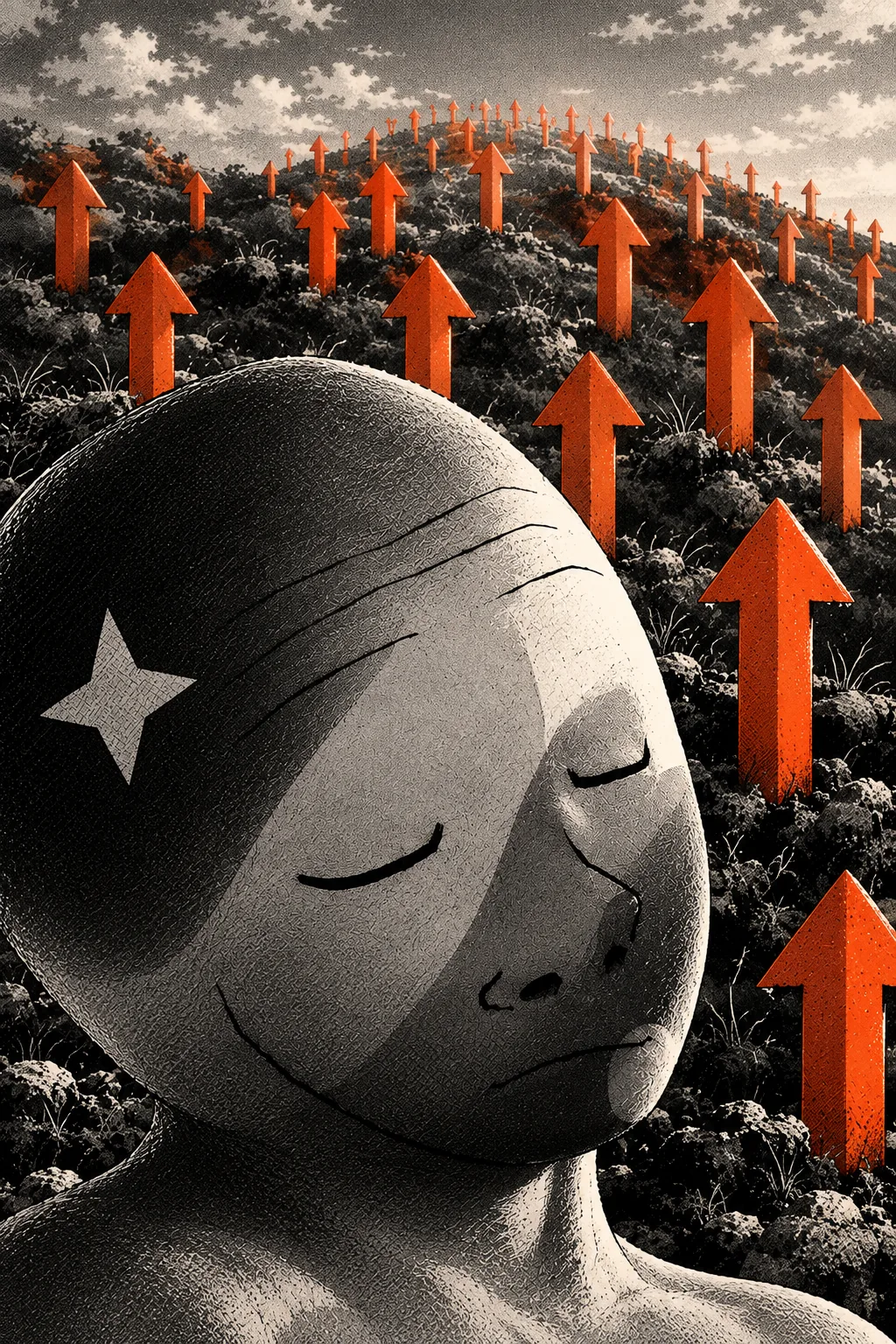 Starkojak asleep in the foreground while dozens of orange arrows stand on the hill behind.