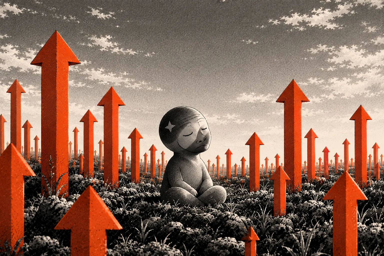 Starkojak sitting cross-legged, eyes closed, in a field of orange arrows that runs to the horizon.