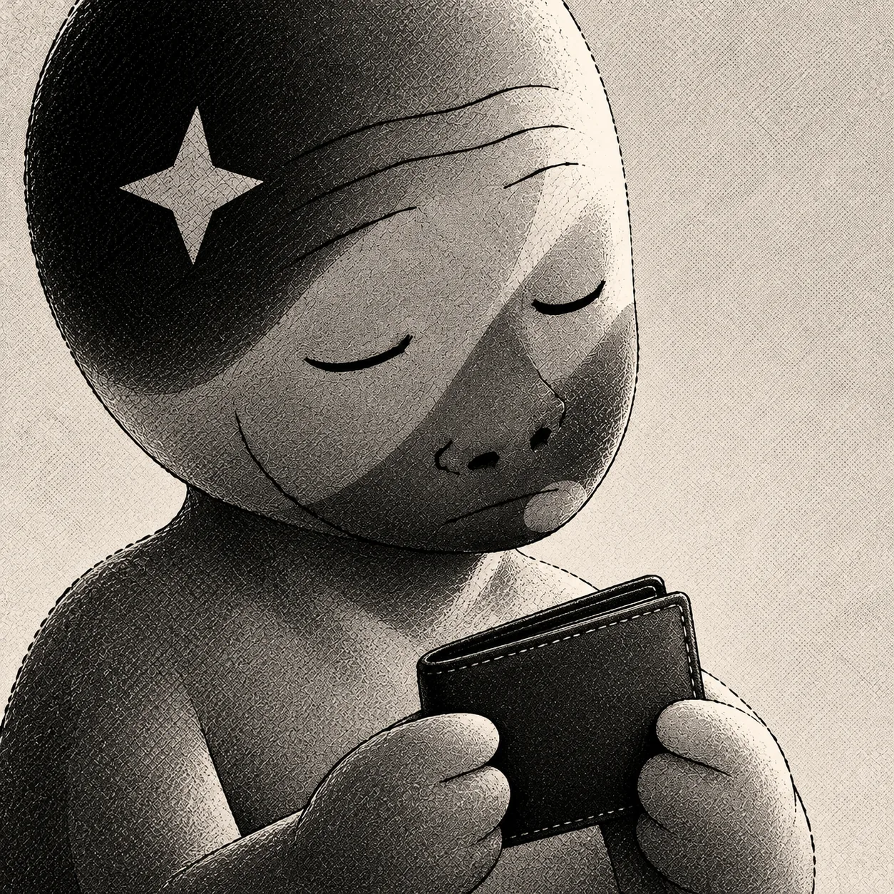 Starkojak looking down at a small black wallet held in both hands.