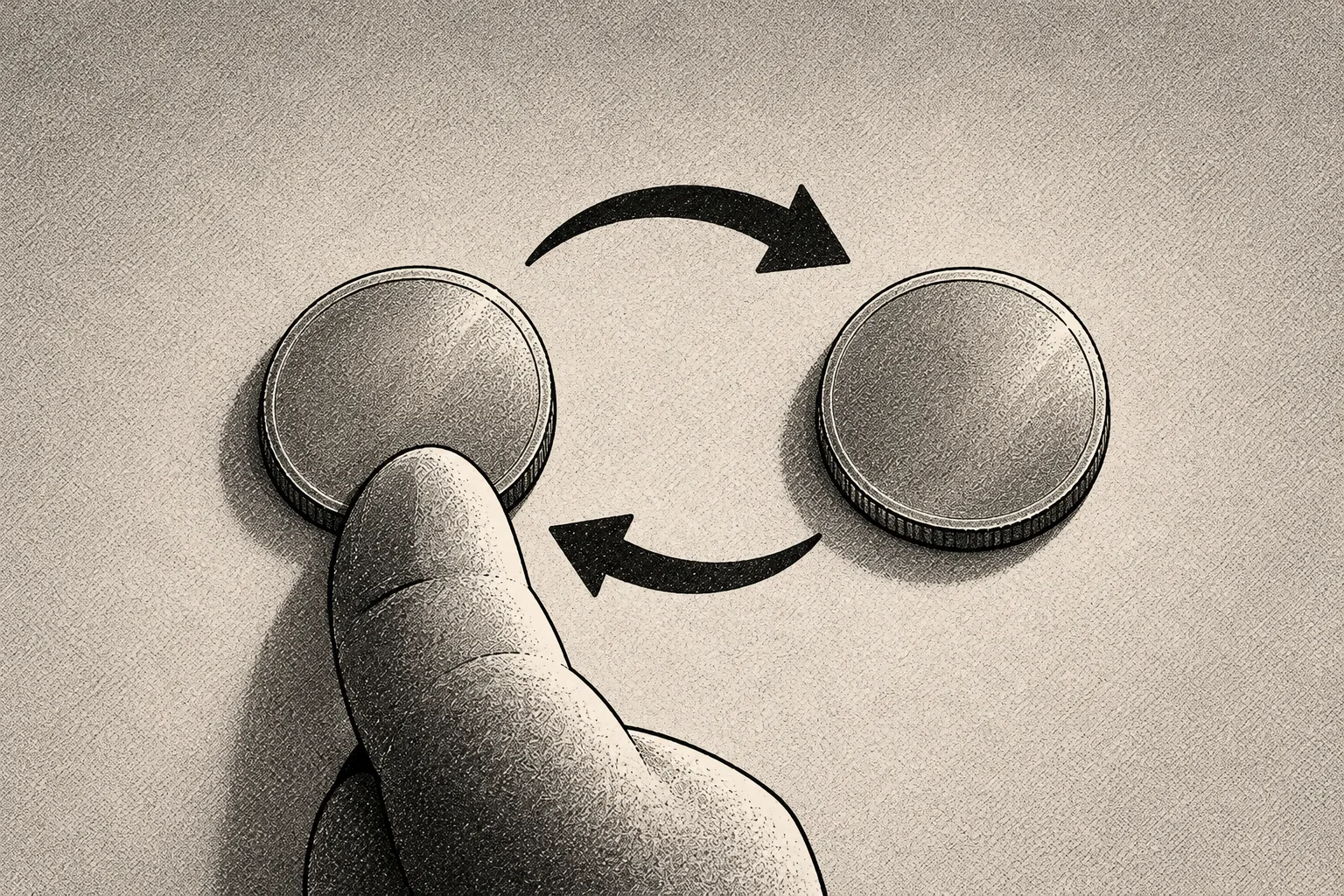 A finger resting on one of two coins, with curved arrows between them showing a swap.