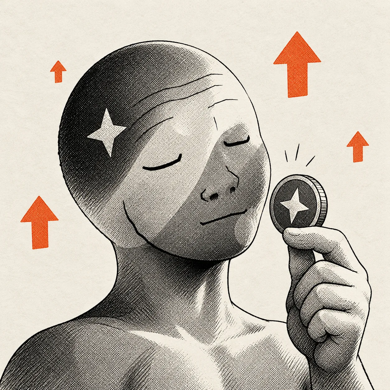 Starkojak, eyes closed and smiling, holding up a coin with a four-pointed star on it.