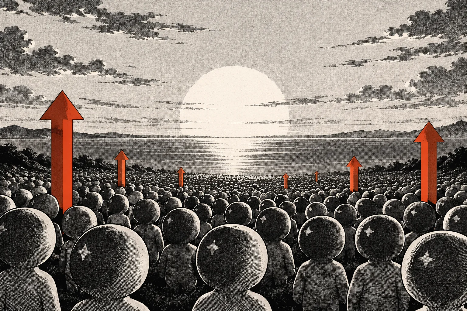 A crowd of round-headed figures with stars on their heads, seen from behind, facing a large setting sun over the sea.