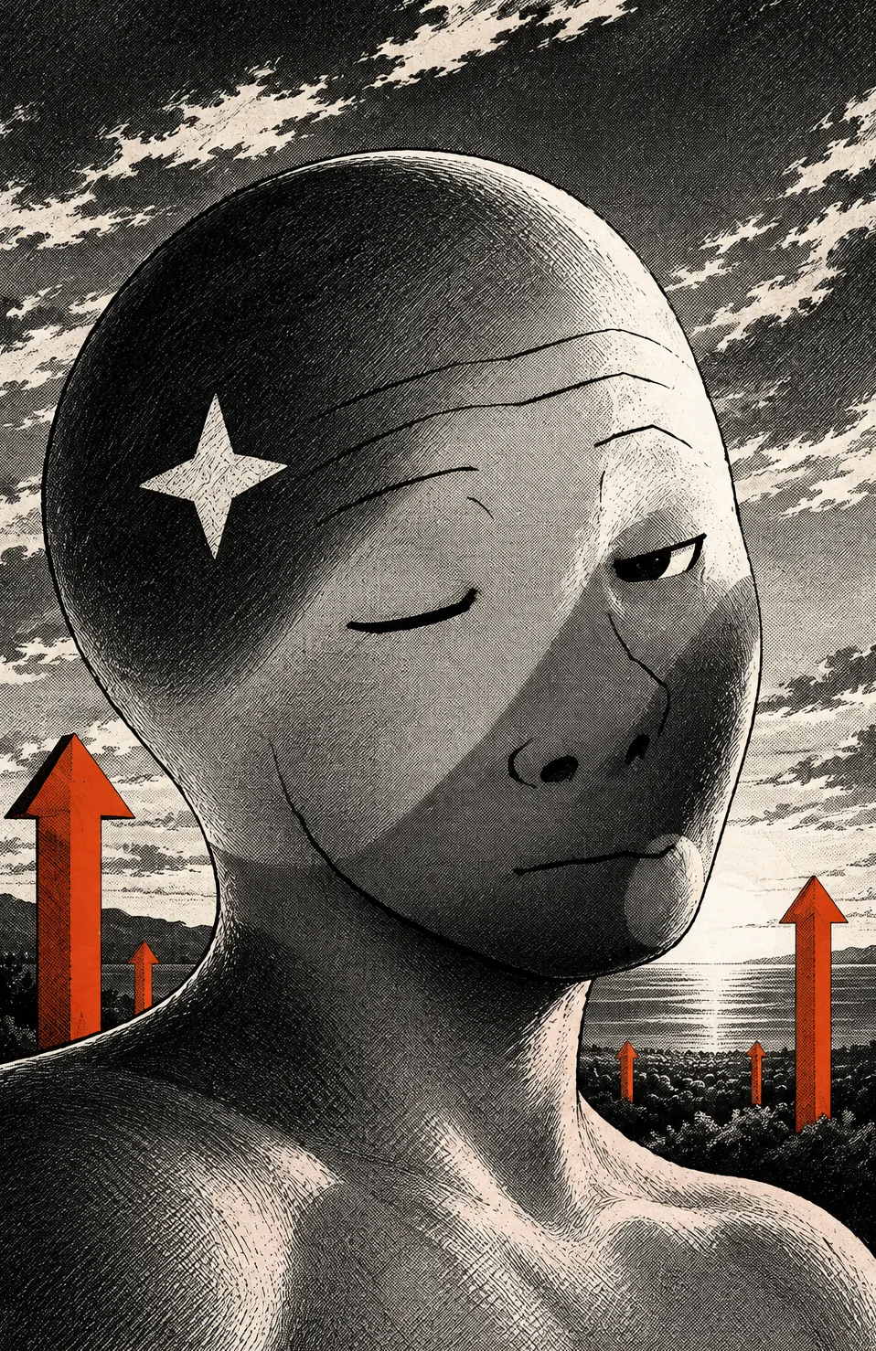 Starkojak glancing sideways with one eye open, orange arrows and the bay behind.